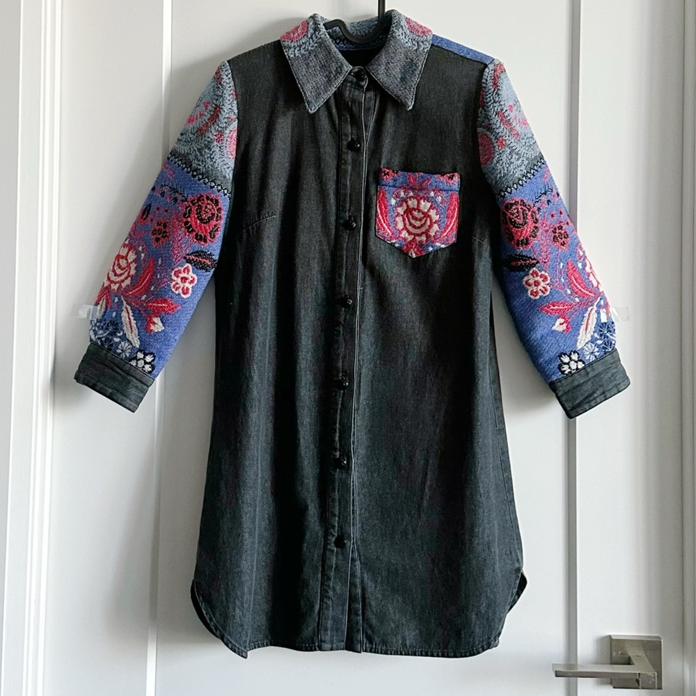 Anna Sui New York Vintage Black and Blue Embroidered Denim Midi Dress
